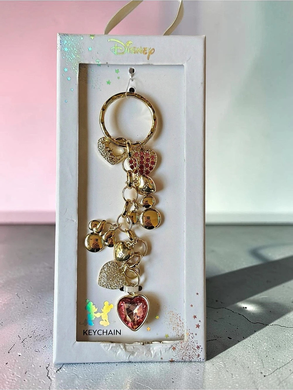 Disney Crystal Heart Charm Keychain in Gold & Pink NWT